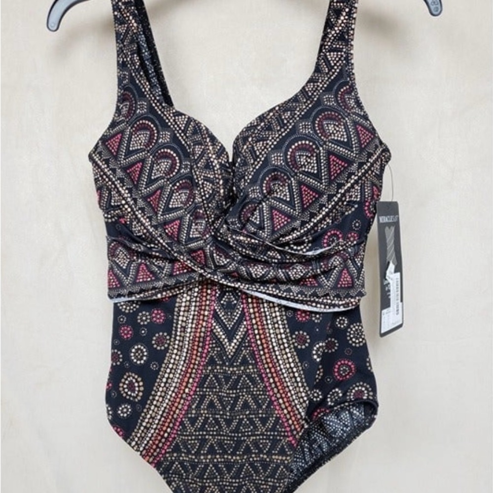Miraclesuit Black One-Piece Swimsuit with Pink and Gold Print